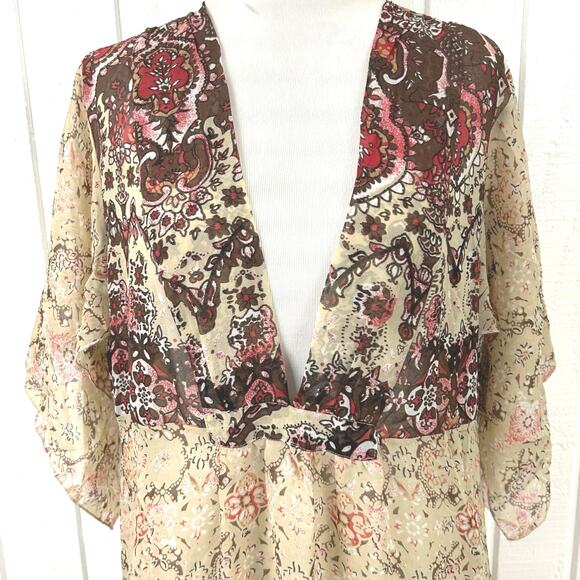 Bay Studio Women Short Sleeve Boho Hippie Fairy Midi Dress Sheer Brown Large - Picture 4 of 7